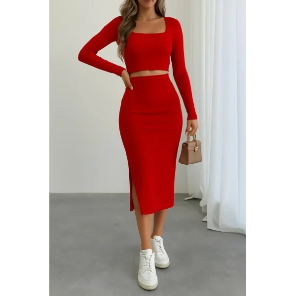 Kadın Uzun Kollu Kaşkorse Crop Ve Etek Takım