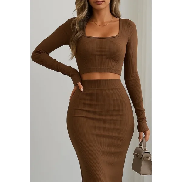Kadın Uzun Kollu Kaşkorse Crop Ve Etek Takım