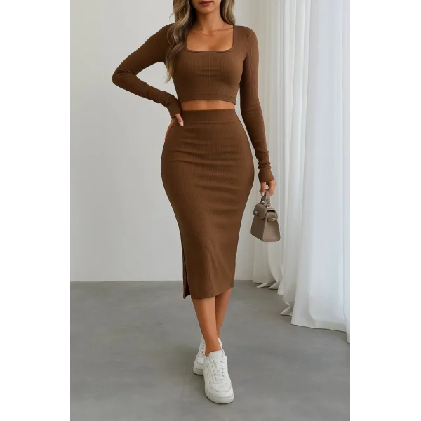 Kadın Uzun Kollu Kaşkorse Crop Ve Etek Takım