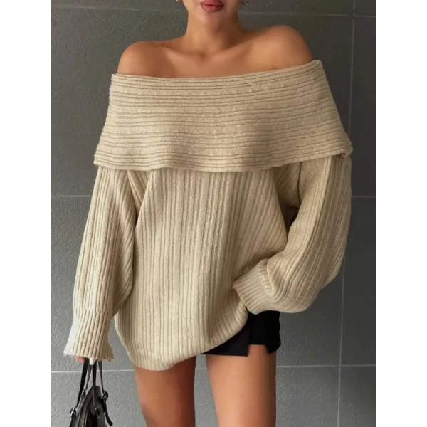 Kadın Uzun Kollu Katlama Detay Madonna Yaka Salaş Kazak