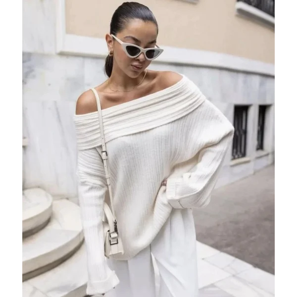 Kadın Uzun Kollu Katlama Detay Madonna Yaka Salaş Kazak