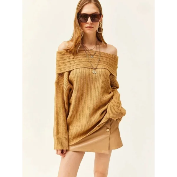 Kadın Uzun Kollu Katlama Detay Madonna Yaka Salaş Kazak