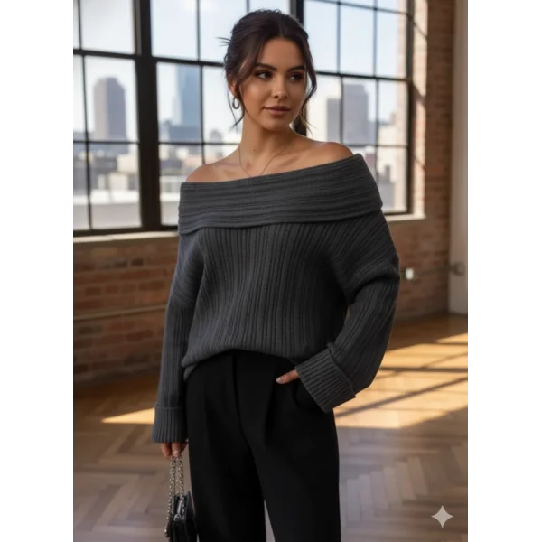 Kadın Uzun Kollu Katlama Detay Madonna Yaka Salaş Kazak