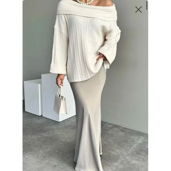 Kadın Uzun Kollu Katlama Detay Madonna Yaka Salaş Kazak