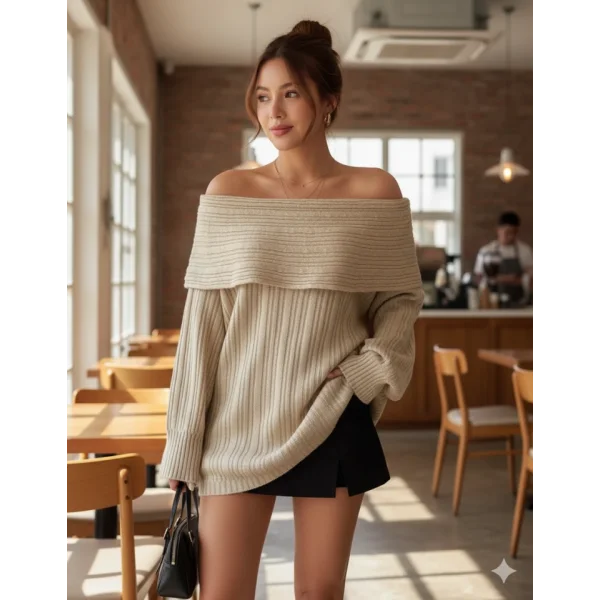 Kadın Uzun Kollu Katlama Detay Madonna Yaka Salaş Kazak