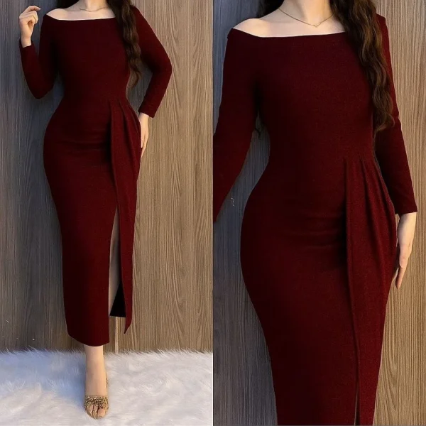 Kadın Uzun Kollu Kayık Yaka Büzgü Ve Maxi Boy Yırtmaç Detay Simli Kadife Kumaş Elbise