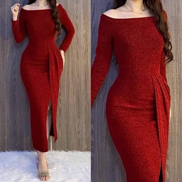 Kadın Uzun Kollu Kayık Yaka Büzgü Ve Maxi Boy Yırtmaç Detay Simli Kadife Kumaş Elbise