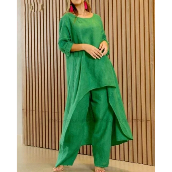 Kadın Uzun Kollu Kayık Yaka Detay Tunik Ve Pantolon Ikili Takım