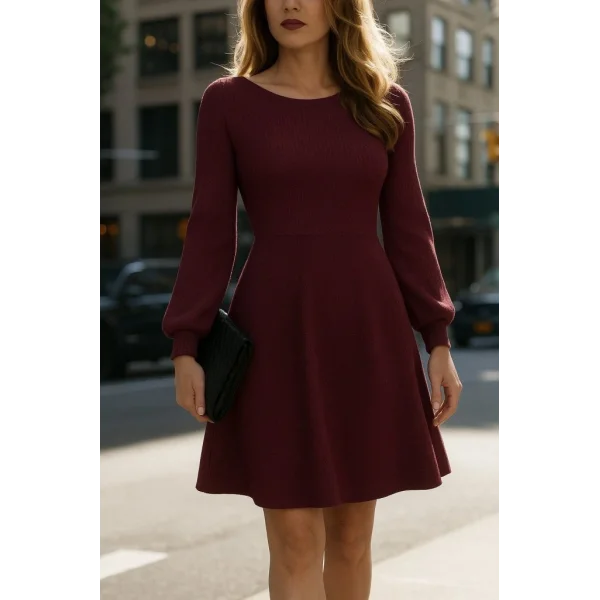 Kadın Uzun Kollu Kayık Yaka Kısa Triko Elbise