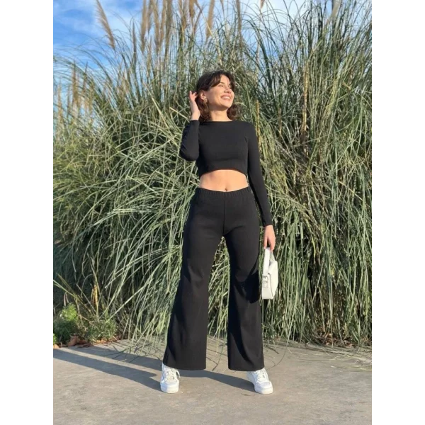 Kadın Uzun Kollu Kayık Yaka Kıza Bluz Ve Bol Paça Pantolon Ikili Takım