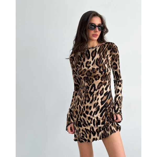 Kadın Uzun Kollu Kayık Yaka Leopar Baskılı Mini Elbise