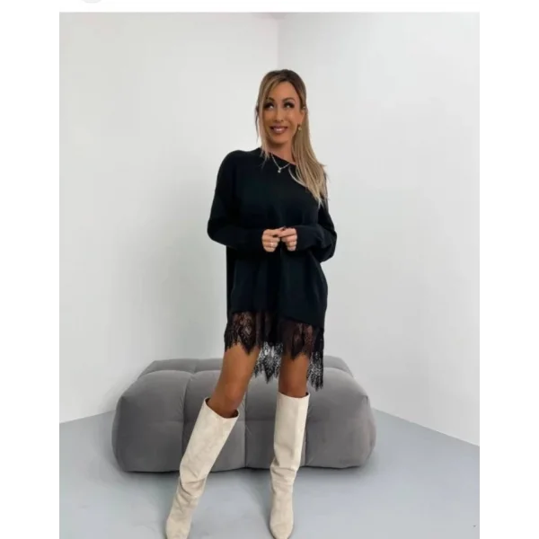 Kadın Uzun Kollu Kayık Yaka Peteği Dantel Güpür Detay 3 Iplik Kumaş Mini Elbise