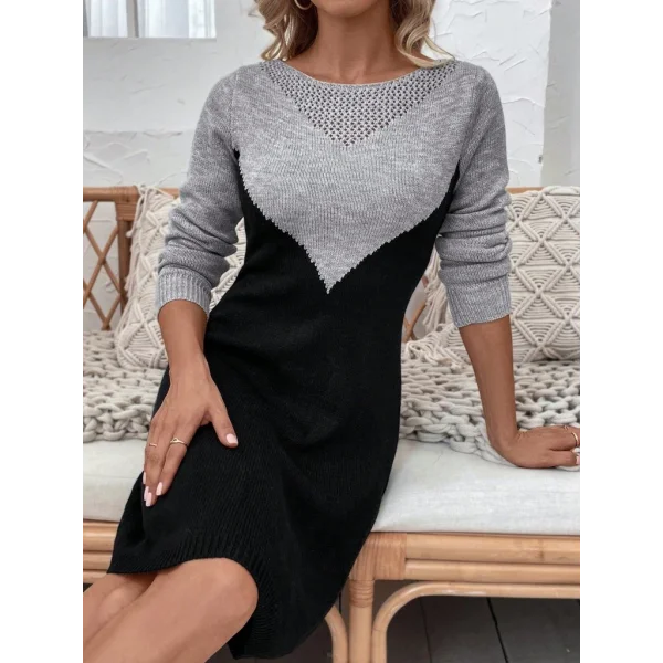 Kadın Uzun Kollu Kayık Yakalı çift Renk Mini Triko Elbise