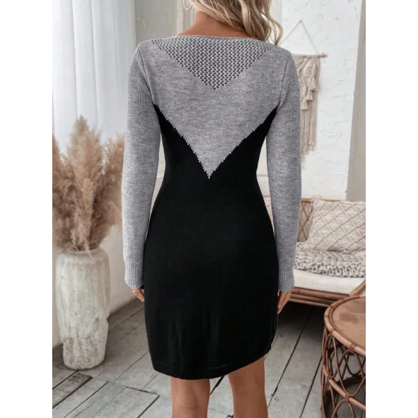 Kadın Uzun Kollu Kayık Yakalı çift Renk Mini Triko Elbise