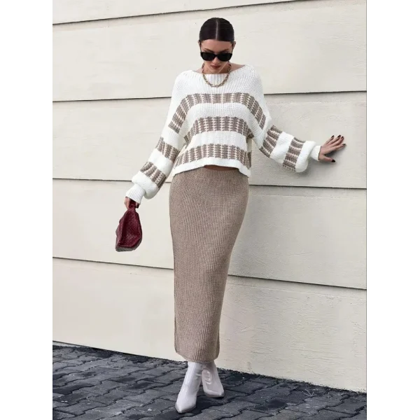 Kadın Uzun Kollu Kayık Yakalı Salaş Triko Bluz Ve Etek Ikili Takım