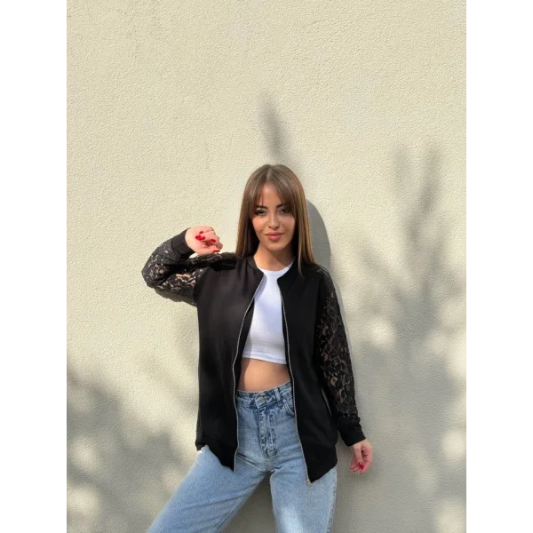 Kadın Uzun Kollu Kolları Dantel Detay önden Fermuarlı Viskon Iki Iplik Ceket