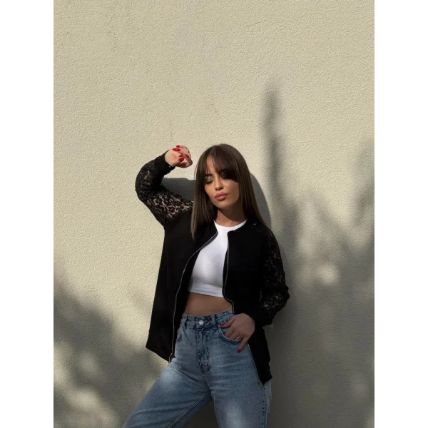 Kadın Uzun Kollu Kolları Dantel Detay önden Fermuarlı Viskon Iki Iplik Ceket