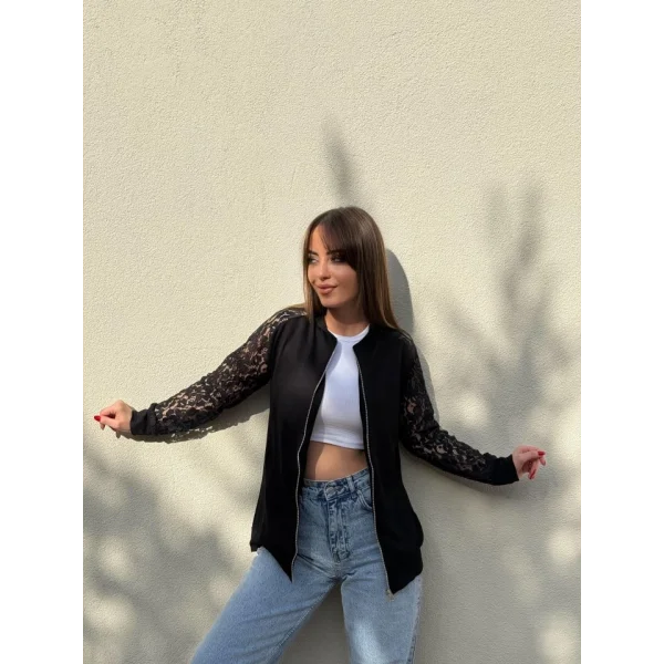 Kadın Uzun Kollu Kolları Dantel Detay önden Fermuarlı Viskon Iki Iplik Ceket