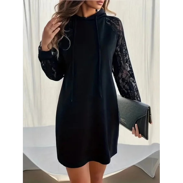 Kadın Uzun Kollu Kolları Dantel Detaylı Kapşonlu Bağcıklı Kısa Viskon Iki Iplik Elbise