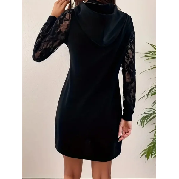 Kadın Uzun Kollu Kolları Dantel Detaylı Kapşonlu Bağcıklı Kısa Viskon Iki Iplik Elbise