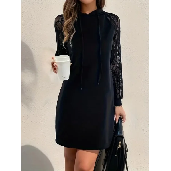Kadın Uzun Kollu Kolları Dantel Detaylı Kapşonlu Bağcıklı Kısa Viskon Iki Iplik Elbise