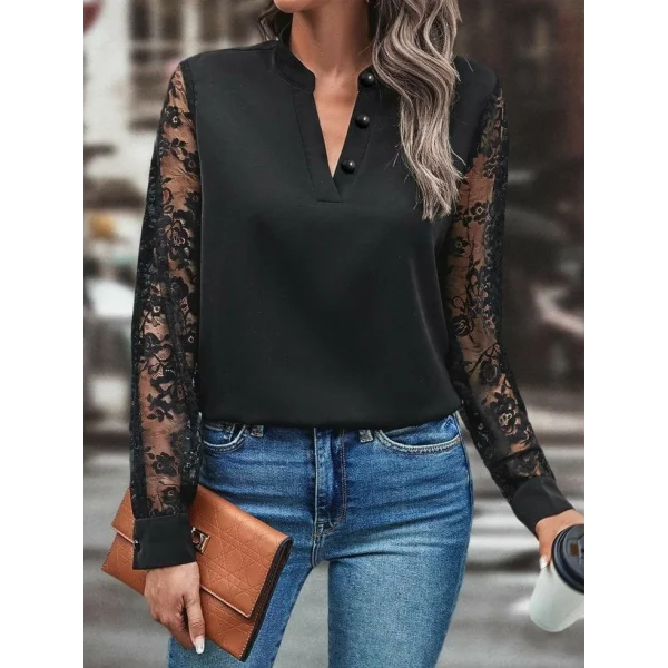 Kadın Uzun Kollu Kolları Dantelli Hakim Yaka Krep Bluz