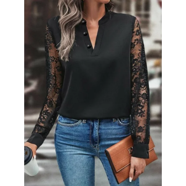 Kadın Uzun Kollu Kolları Dantelli Hakim Yaka Krep Bluz