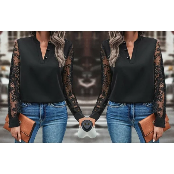 Kadın Uzun Kollu Kolları Dantelli Hakim Yaka Krep Bluz