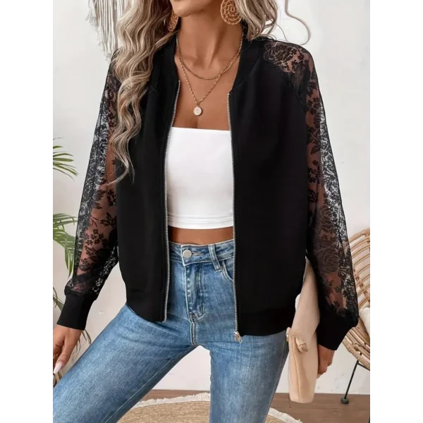 Kadın Uzun Kollu Kolları Dantelli önü Fermuarlı Iki Iplik Ceket