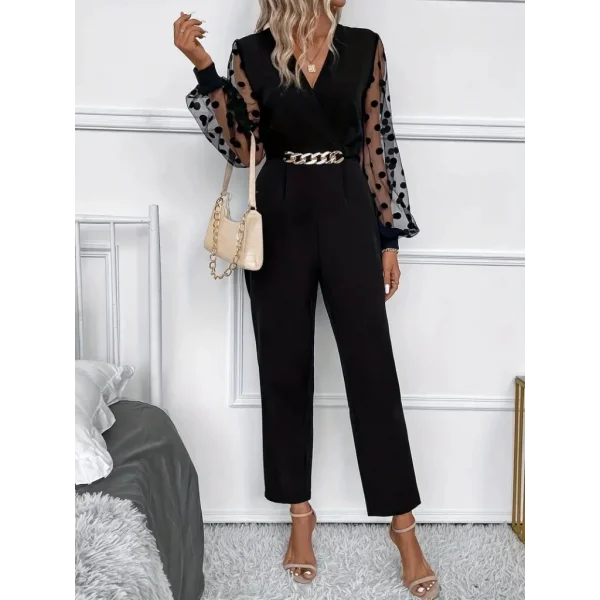 Kadın Uzun Kollu Kolu Tül Detaylı Kruvaze Yaka Krep Tulum