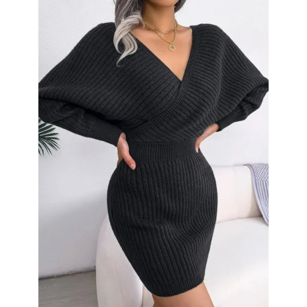 Kadın Uzun Kollu Kruvaze Geniş Yakalı Mini Triko Elbise