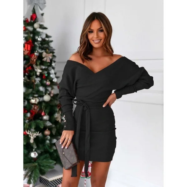 Kadın Uzun Kollu Kruvaze Yaka Bağcık Detay Akrilik Mini Boy Elbise