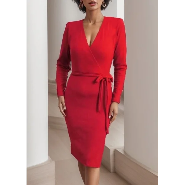 Kadın Uzun Kollu Kruvaze Yaka Bağcık Detay Akrilik Mini Boy Elbise