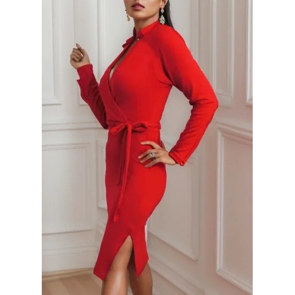 Kadın Uzun Kollu Kruvaze Yaka Bağcık Detay Akrilik Mini Boy Elbise