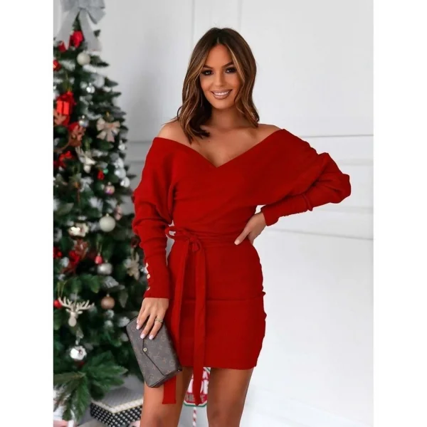 Kadın Uzun Kollu Kruvaze Yaka Bağcık Detay Akrilik Mini Boy Elbise