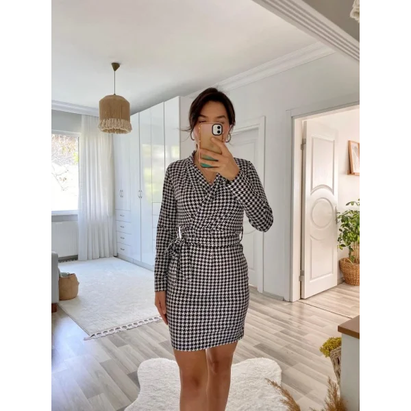 Kadın Uzun Kollu Kruvaze Yaka Bağlamalı Kemer Dalgıç Mini Boy Elbise