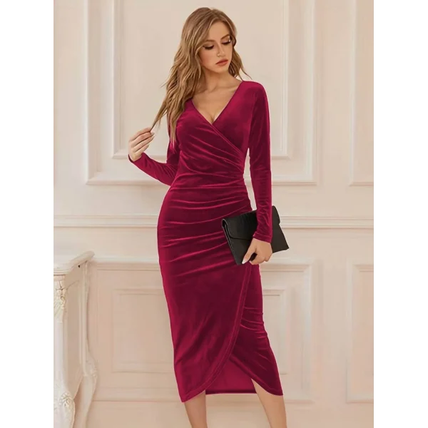 Kadın Uzun Kollu Kruvaze Yaka Belden Büzgü Detay Midi Kadife Elbise