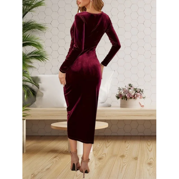 Kadın Uzun Kollu Kruvaze Yaka Belden Büzgü Detay Midi Kadife Elbise
