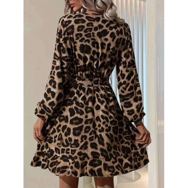 Kadın Uzun Kollu Kruvaze Yaka Belden Kuşaklı çapraz Kesim Detaylı Leopar Modal Mini Elbise