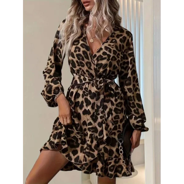 Kadın Uzun Kollu Kruvaze Yaka Belden Kuşaklı çapraz Kesim Detaylı Leopar Modal Mini Elbise