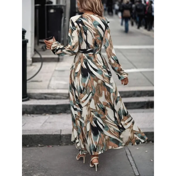 Kadın Uzun Kollu Kruvaze Yaka Belden Kuşaklı Desenli Süprem Elbise