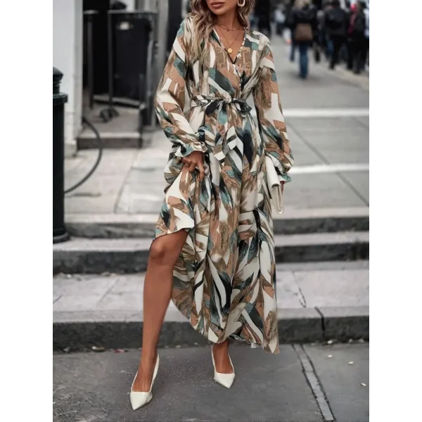 Kadın Uzun Kollu Kruvaze Yaka Belden Kuşaklı Desenli Süprem Elbise