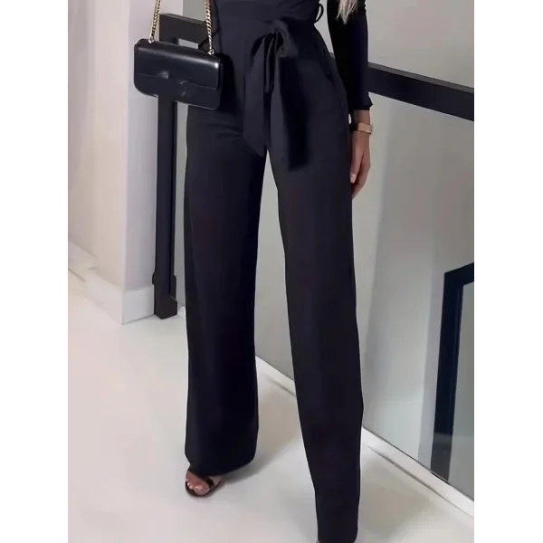 Kadın Uzun Kollu Kruvaze Yaka Belden Kuşaklı Ithal Krep Tulum