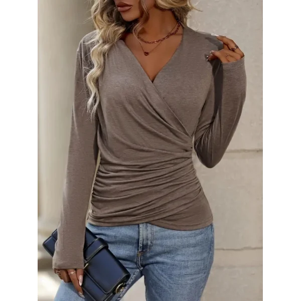 Kadın Uzun Kollu Kruvaze Yaka Beli Büzgü Detay Viskon Bluz