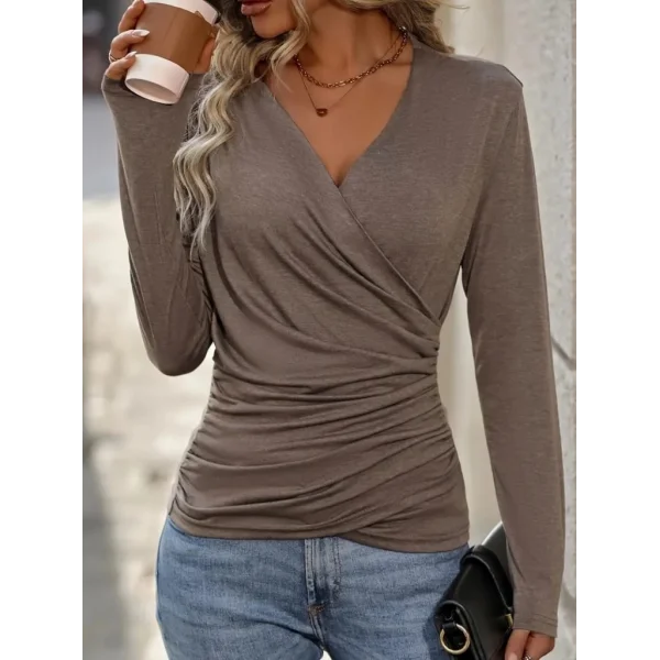 Kadın Uzun Kollu Kruvaze Yaka Beli Büzgü Detay Viskon Bluz