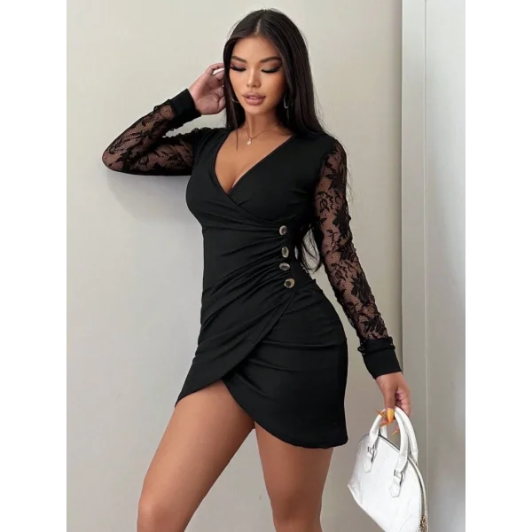 Kadın Uzun Kollu Kruvaze Yaka Beli Düğme Detay Krep Elbise