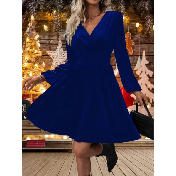 Kadın Uzun Kollu Kruvaze Yaka Beli Lastikli Kiloş Kadife Elbise