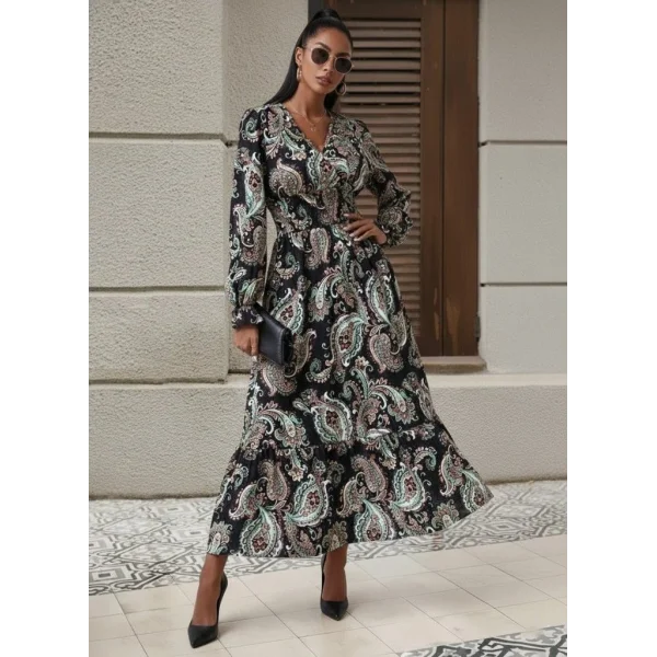 Kadın Uzun Kollu Kruvaze Yaka Beli Lastikli Uzun Desenli Maxi Elbise