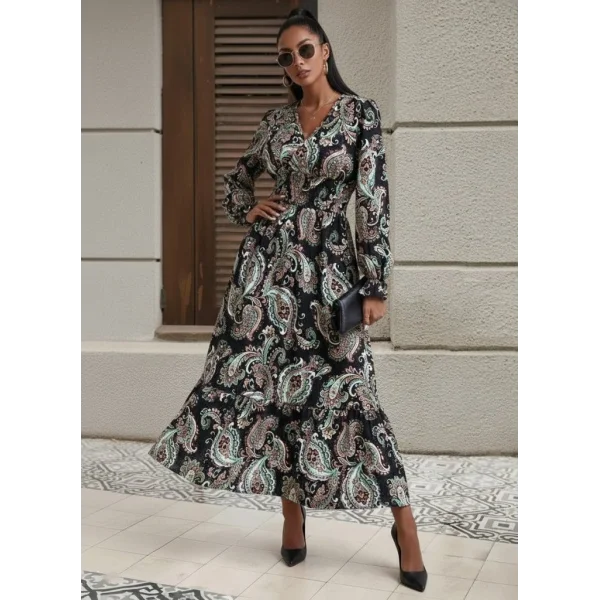 Kadın Uzun Kollu Kruvaze Yaka Beli Lastikli Uzun Desenli Maxi Elbise