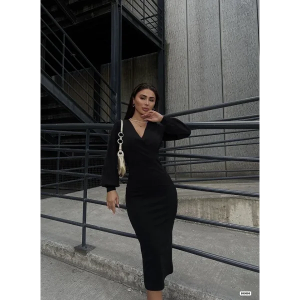 Kadın Uzun Kollu Kruvaze Yaka Büzgü Ve Balon Kol Detay Krep Kumaş axi Boy Elbise